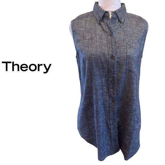 THEORY Yarine Linen Blend Dark Blue Chambray Button Up Sleeveless Small S P EUC - Picture 3 of 8